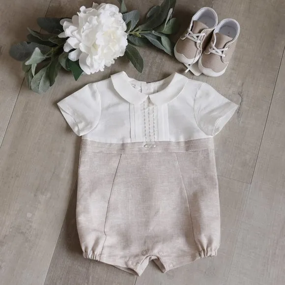 Linen Romper Baby Boy Boutique Flax/Khaki French Tucks Portrait Vacation NWT