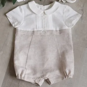 Linen Romper Baby Boy Boutique Flax/Khaki French Tucks Portrait Vacation NWT