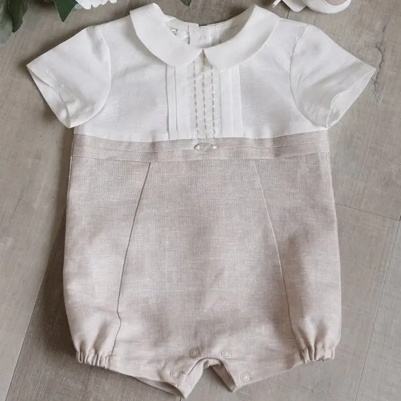 Linen Romper Baby Boy Boutique Flax/Khaki French Tucks Portrait Vacation NWT