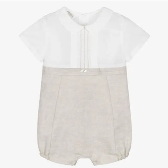 Linen Romper Baby Boy Boutique Flax/Khaki French Tucks Portrait Vacation NWT