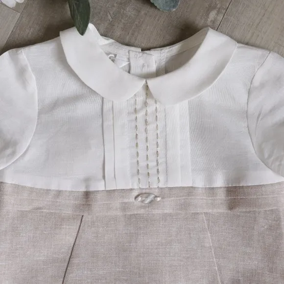 Linen Romper Baby Boy Boutique Flax/Khaki French Tucks Portrait Vacation NWT