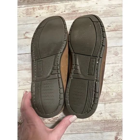 L.L. Bean Leather Boat Shoe Men's Size 14 Brown Green Trim Moccasins