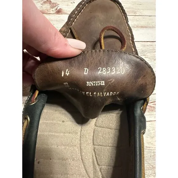L.L. Bean Leather Boat Shoe Men's Size 14 Brown Green Trim Moccasins