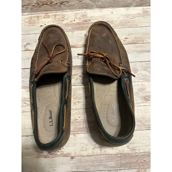 L.L. Bean Leather Boat Shoe Men's Size 14 Brown Green Trim Moccasins