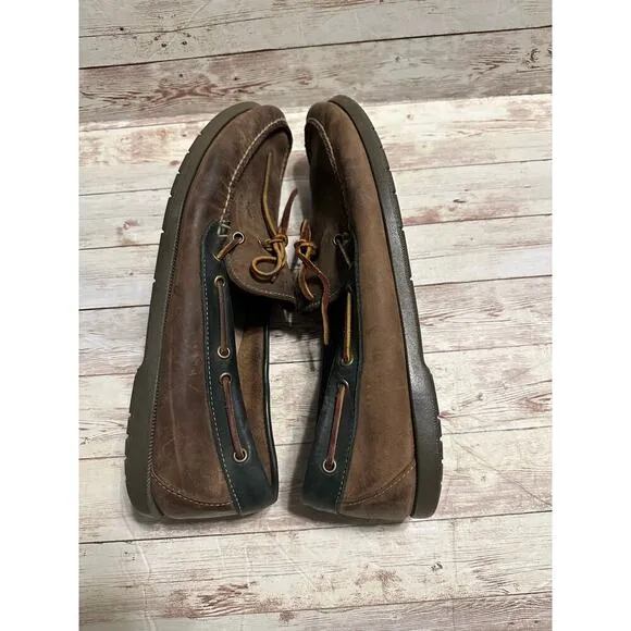 L.L. Bean Leather Boat Shoe Men's Size 14 Brown Green Trim Moccasins