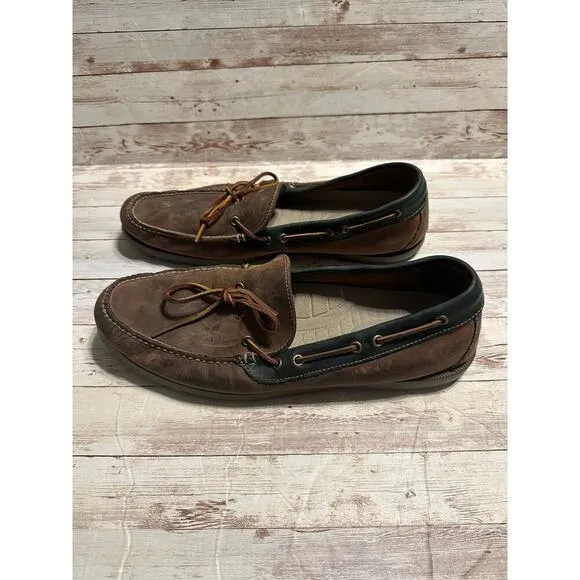 L.L. Bean Leather Boat Shoe Men's Size 14 Brown Green Trim Moccasins