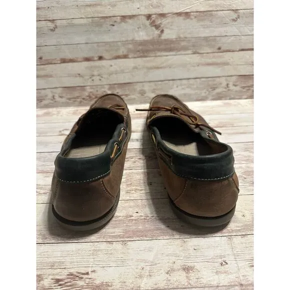 L.L. Bean Leather Boat Shoe Men's Size 14 Brown Green Trim Moccasins