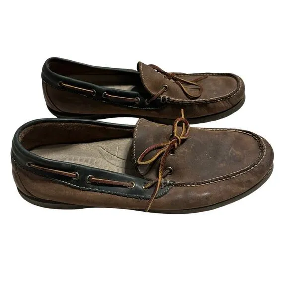 L.L. Bean Leather Boat Shoe Men's Size 14 Brown Green Trim Moccasins