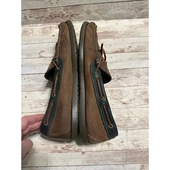 L.L. Bean Leather Boat Shoe Men's Size 14 Brown Green Trim Moccasins