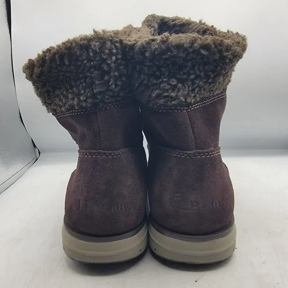 LL Bean Mountain Lodge Womens 8.5 Brown Fleece Collar Insulated Boots Primaloft