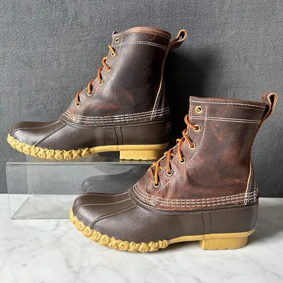 LL Bean Women's Duck Boots Brown Leather Insulated Waterproof Lace Up - Size 8