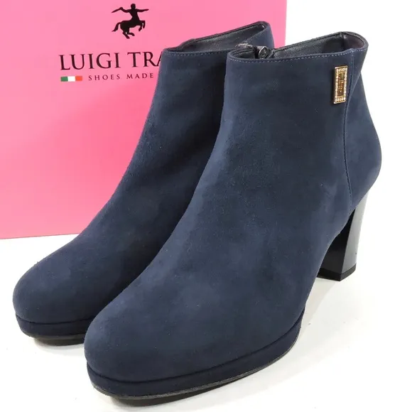 LUIGI TRAINI 🇮🇹 WOMEN'S NAVY BLUE SUEDE COMFORT ANKLE BOOTIE