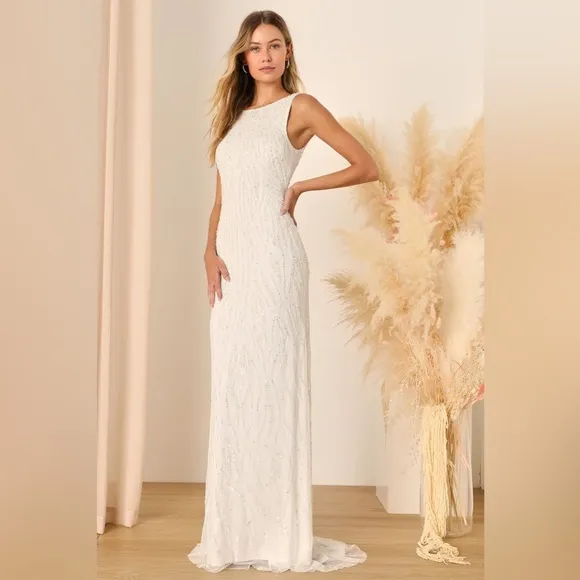Lulus Luxe Glamourous Ever After White Sequin Beaded Backless Maxi Dress
