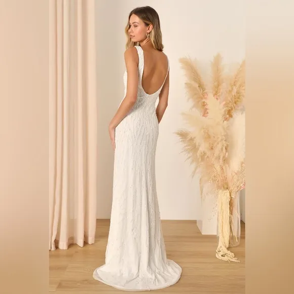 Lulus Luxe Glamourous Ever After White Sequin Beaded Backless Maxi Dress