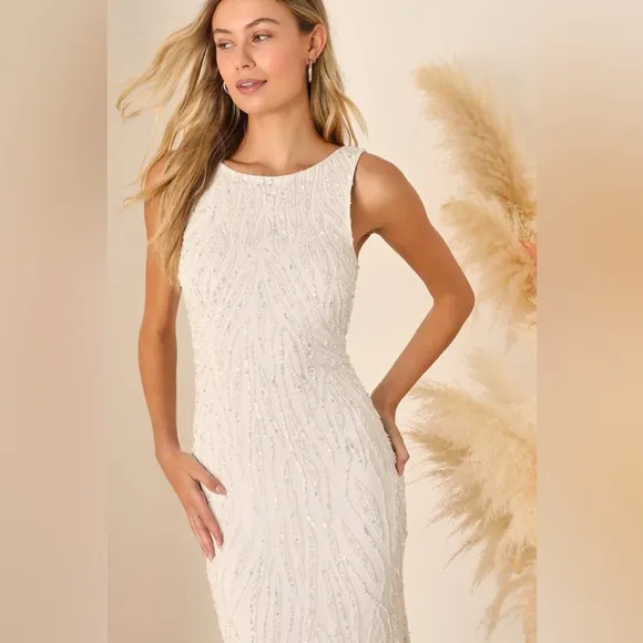 Lulus Luxe Glamourous Ever After White Sequin Beaded Backless Maxi Dress