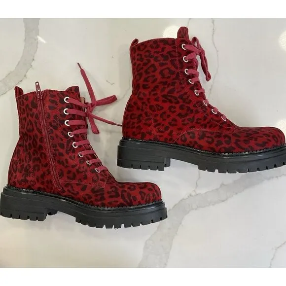 Maeve Leather Wine Leopard Print Combat Boots Size EU 38 US 7.5