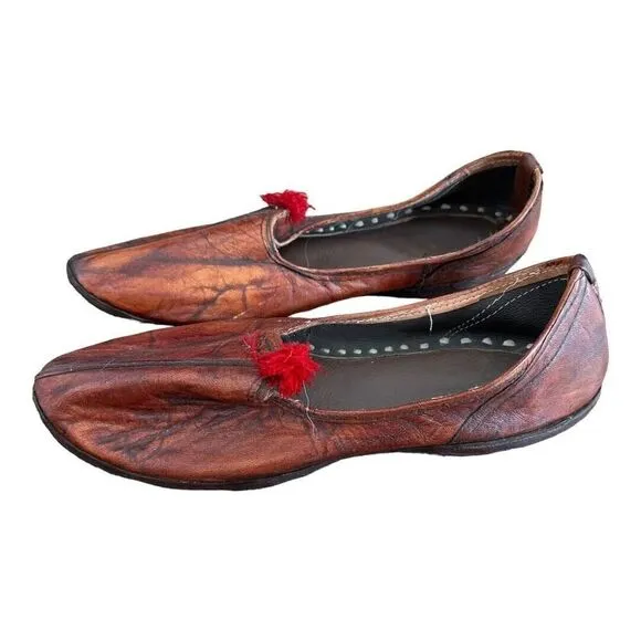 MahYogan Juties Mens Hand Stitched with Pom Poms Leather Brown Shoes Slippers 12