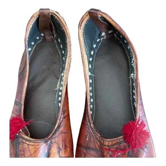 MahYogan Juties Mens Hand Stitched with Pom Poms Leather Brown Shoes Slippers 12