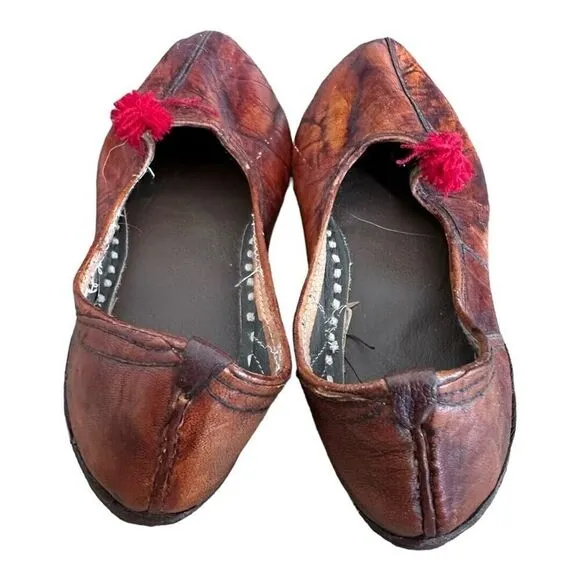 MahYogan Juties Mens Hand Stitched with Pom Poms Leather Brown Shoes Slippers 12