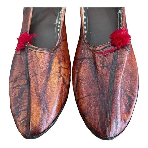 MahYogan Juties Mens Hand Stitched with Pom Poms Leather Brown Shoes Slippers 12