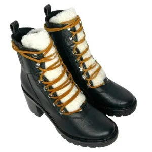 Marc Fisher Black Denise Leather Sheep Fur Combat Moto Ankle Boots Size 7.5M