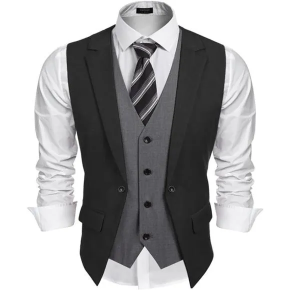 Men's Formal Vest Layered Waistcoat Dress Suit Vests, Black