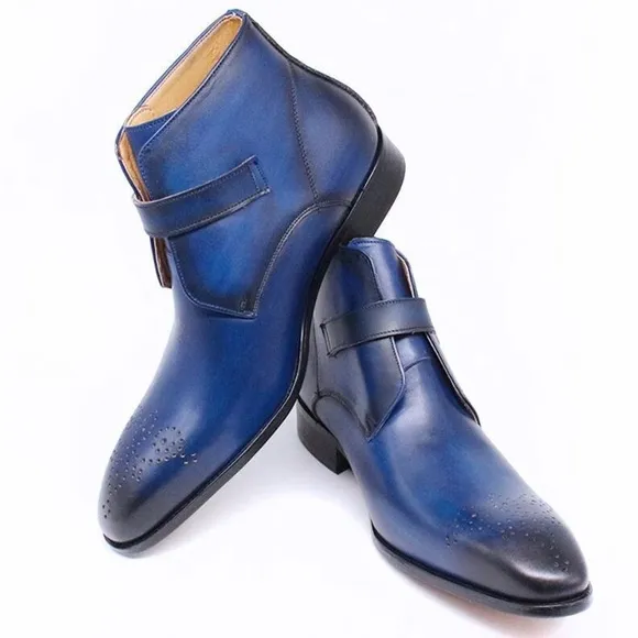 Men's leather boots buckle Chelsea pointed toe trendy high-top leather shoes