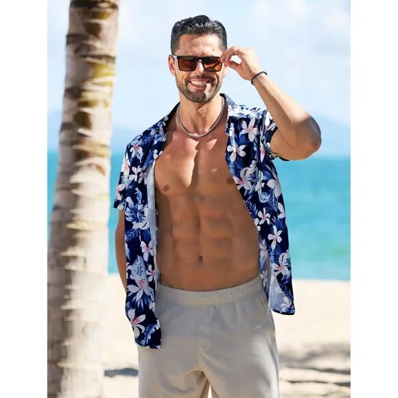 Men's Navy Blue - Flower Linen Short Sleeve Button Down Casual Shirt Business