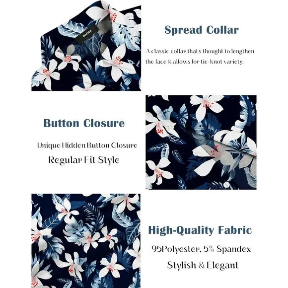 Men's Navy Blue - Flower Linen Short Sleeve Button Down Casual Shirt Business
