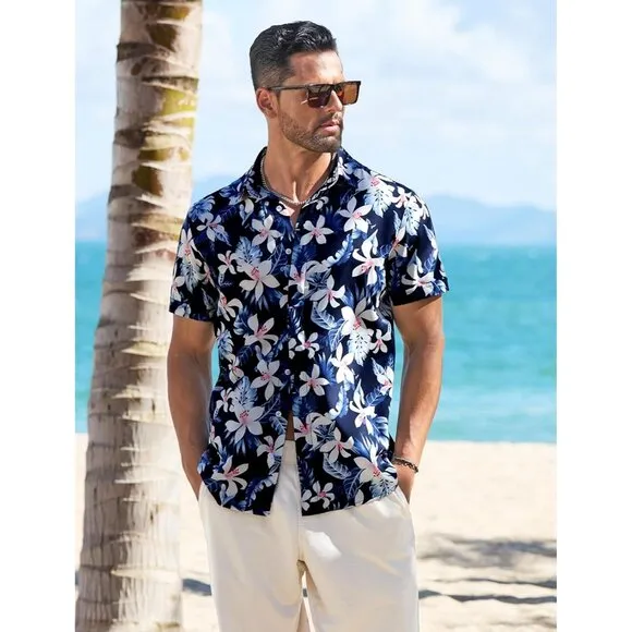 Men's Navy Blue - Flower Linen Short Sleeve Button Down Casual Shirt Business