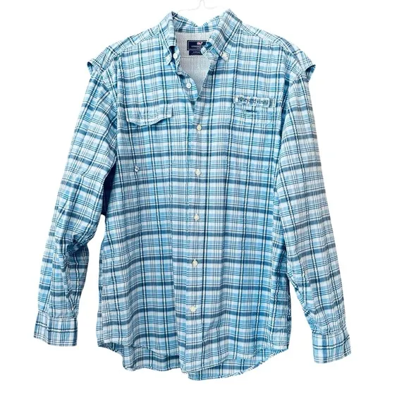 MENS VINEYARD VINES HARBOR SHIRT FISHING LONG SLEEVE ACTIVE WHITE BLUE PLAID L