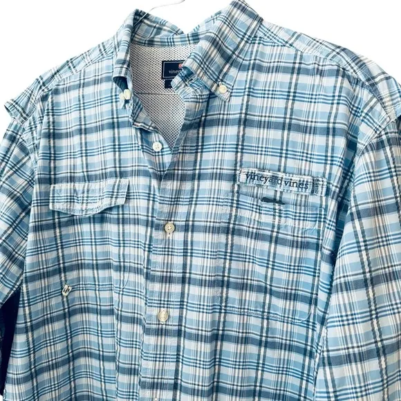 MENS VINEYARD VINES HARBOR SHIRT FISHING LONG SLEEVE ACTIVE WHITE BLUE PLAID L