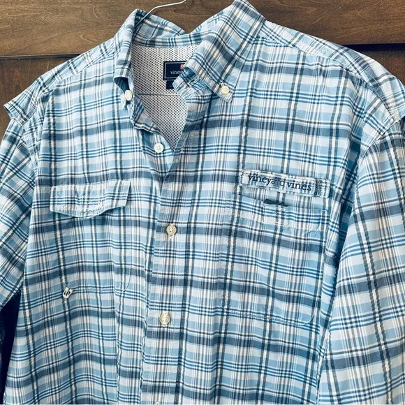 MENS VINEYARD VINES HARBOR SHIRT FISHING LONG SLEEVE ACTIVE WHITE BLUE PLAID L