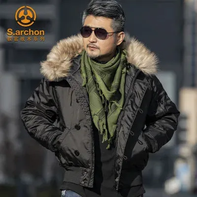 Men's Winter Bomber Jacket – Tactical Fur Hood Coat N2B