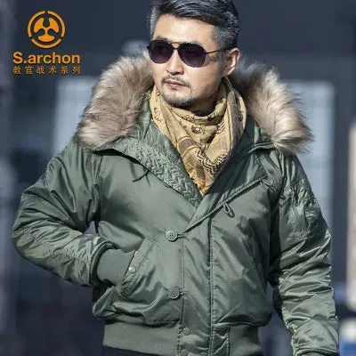 Men's Winter Bomber Jacket – Tactical Fur Hood Coat N2B