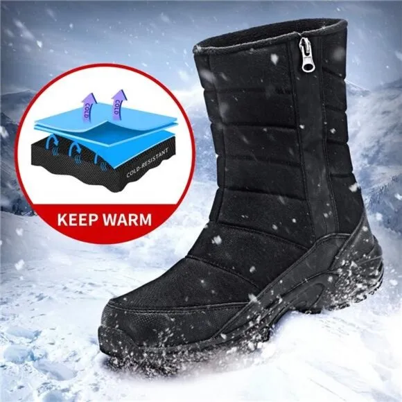 Men's Winter Mid-Calf Snow Boot Fur Warm Waterproof Slip On Outdoor Athletic