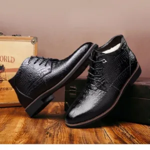 Men's Winter shoes Crocodile pattern leather ankle boot lace up high bla…