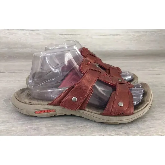 Merrell Adhera Select Grip Shoes Womens Red Leather  Slip-On Slide Sandal 9