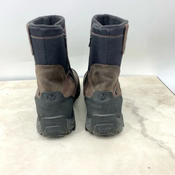 Merrell Boots Men Size 9 Shoes Brown Black Leather Tall Mid Zip Dry Waterproof