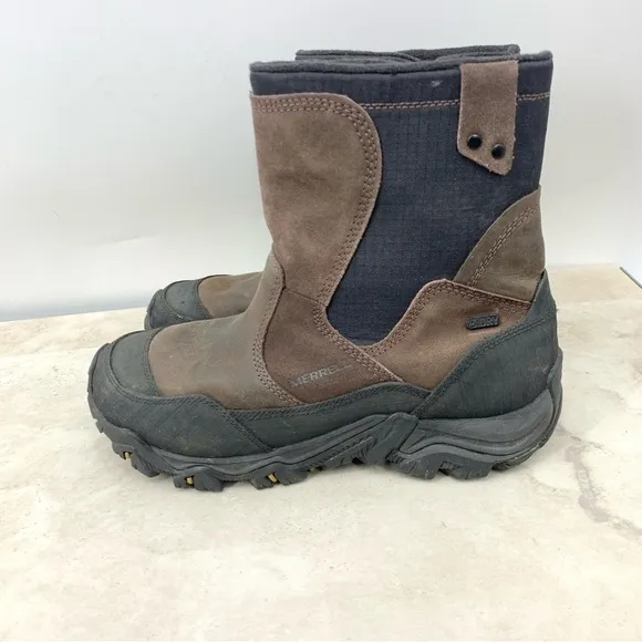 Merrell Boots Men Size 9 Shoes Brown Black Leather Tall Mid Zip Dry Waterproof