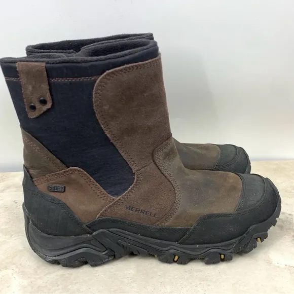 Merrell Boots Men Size 9 Shoes Brown Black Leather Tall Mid Zip Dry Waterproof