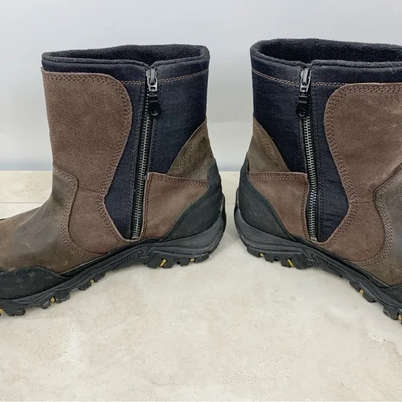 Merrell Boots Men Size 9 Shoes Brown Black Leather Tall Mid Zip Dry Waterproof