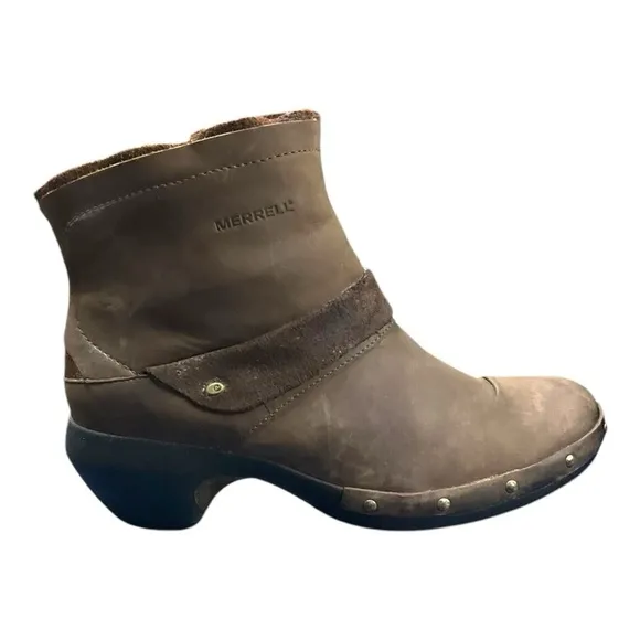 MERRELL LUXE MID BITTER CHOCOLATE LEATHER LADIES SHORT BOOTS SIZE 9.5