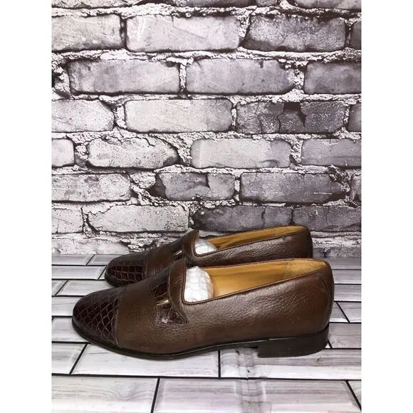 Mezlan Genuine Crocodile Alligator Brown Leather Loafers Dress Shoes Men Sz 7.5M