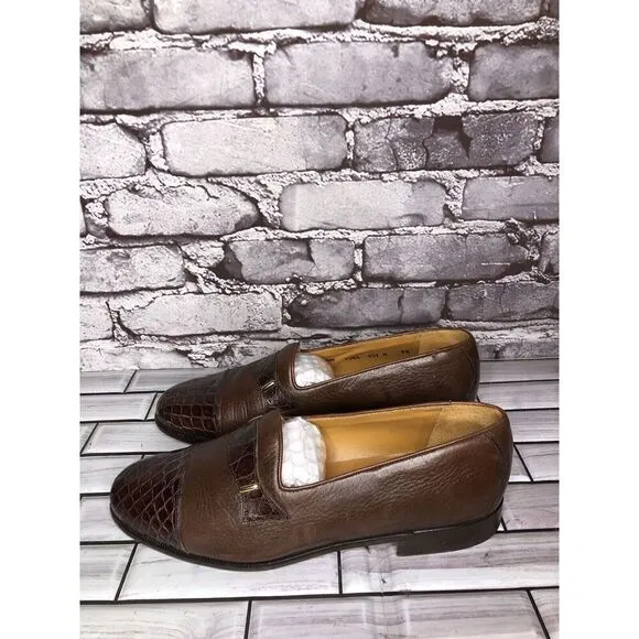 Mezlan Genuine Crocodile Alligator Brown Leather Loafers Dress Shoes Men Sz 7.5M