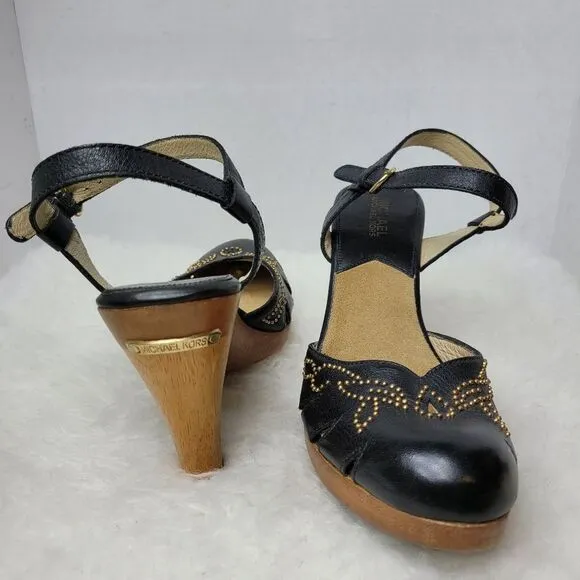 Michael Kors Black Leather Studded Mary Jane Wooden Heels Shoes 8.5 M