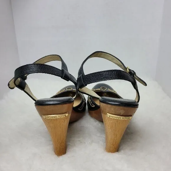Michael Kors Black Leather Studded Mary Jane Wooden Heels Shoes 8.5 M