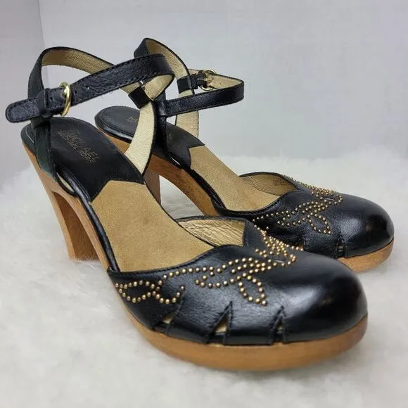 Michael Kors Black Leather Studded Mary Jane Wooden Heels Shoes 8.5 M
