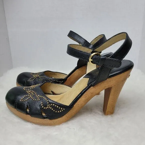 Michael Kors Black Leather Studded Mary Jane Wooden Heels Shoes 8.5 M