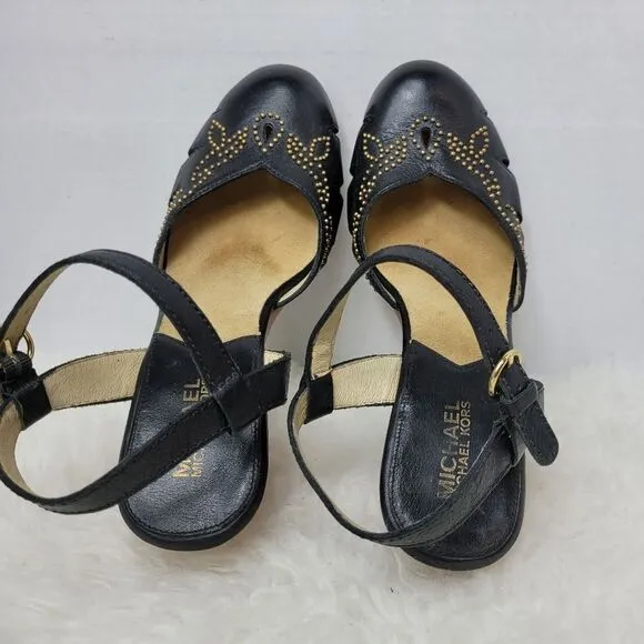 Michael Kors Black Leather Studded Mary Jane Wooden Heels Shoes 8.5 M